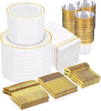 GATHER 700PCS White and Gold Plastic Plates Dinnerware Set for 100 Guests by Gather