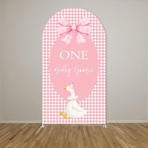 Arch Backdrop Cover One Silly Goose Baby Shower Girl Pink 1st Birthday Party Decors Spandex Stretchy Arch Stand Cover Plaids Cartoon Banquet Props (6.6FT,Bow) - Image 2