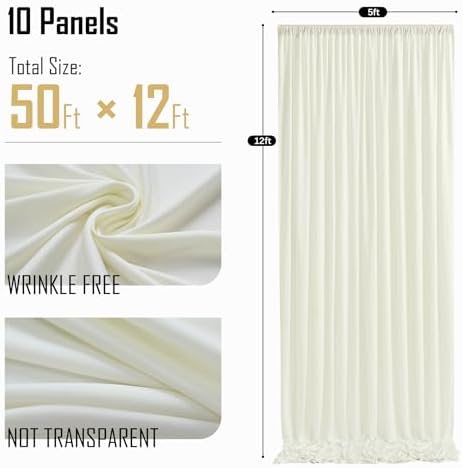 gogoparti 50ft x 12ft Ivory Wrinkle-Free Backdrop Curtain for Wedding Parties, Thick Polyester 10 Panels 5x12ft for Wedding Birthday Baby Shower Halloween Photography Party Background - Image 6