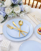 bUCLA 150PCS Blue Plastic Plates - Light Blue and Gold Disposable Include 25 Each (Dinner & Dessert) Plates, 25 Knives, 25 Forks, 25 Spoons and 25 Cups, Ideal for Party, Birthday & Wedding - Image 5
