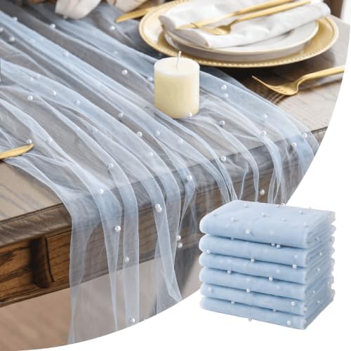 Artoid Mode 6PCS Pearl Blue Gauze Table Runner 120 Inch 10FT, Seasonal Sheer Dining Holiday Wedding Birthday Baby Shower Table Decor for Home Party by ArtoidMode