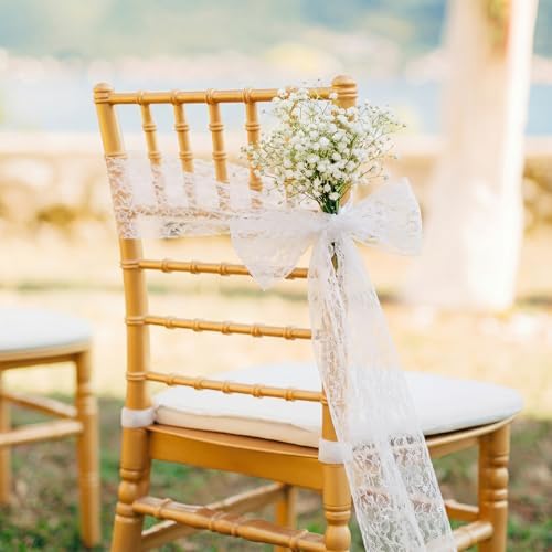 Moukeren 24 Sets White Lace Chair Sashes with Artificial Baby's Breath, 8.2ft Wedding Aisle Pew Decorations Church Ceremony Chair Ribbons for Bridal Shower Banquet Party Decor - Image 4
