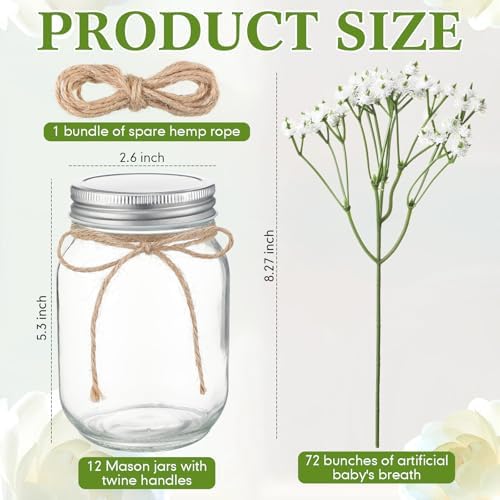 Zeyune 12 Sets Mason Jars with Flower for Table Decor, Baby's Breath - Image 4