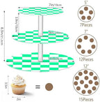 J JOYSAY Chess Checkerboard White Light Green Print Acrylic Cupcake Stand 3 Tier Dessert Table Display Set Clear Cake Stands for Party Baby Shower Wedding Decorations Easy Assembly Donut Tower - Image 3