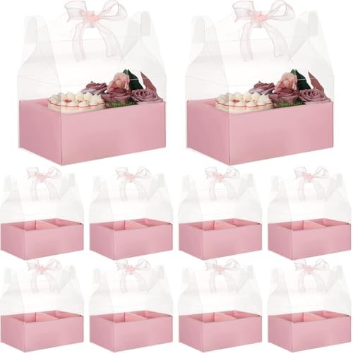Honeydak 10 Pcs Cake Flower Clear Gift Boxes with Handle 4 in, Pink, Bow - Image 5