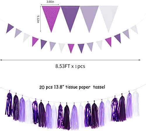 Purple Lavender White Streamers Birthday Banner Baby Bridal Shower Wedding Engagement Bachelorette Graduation Decorations Heart-Garland and Tissue Pom Poms,Women Girl Birthday Supplies Tassel Garland - Image 5