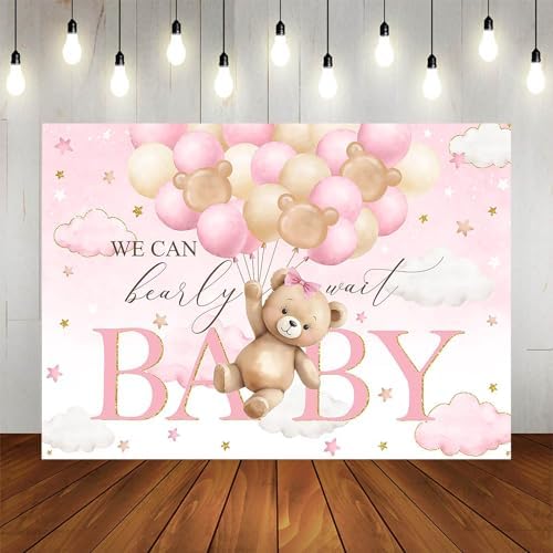 Bear Baby Shower Backdrop We Can Bearly Wait Party Decorations Background for Girl Bear Theme Baby Shower Banner Photo Booth Prop (Pink, 8x6ft) - Image 5