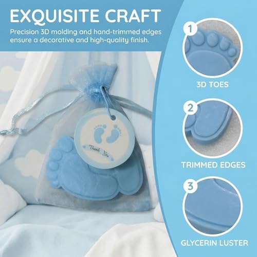 50 Sets Baby Feet Scented Soap Baby Shower Favors for Guests Blue Mini Handmade Soap with Thank You Tags, Organza Bags and Pins for Gender Reveal Birthday Party Supplies (50, Blue) - Image 4