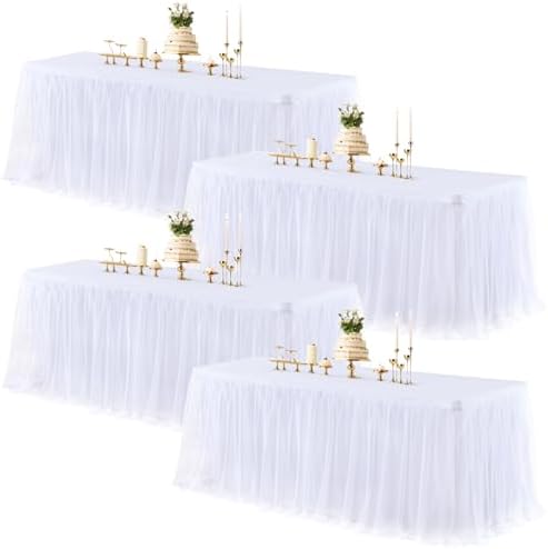 White Table Cloth Rectangle Table Covers for 6 Foot Tables, White Tulle Table Skirt Rectangle Table 6ft Stretch Tulle Tablecloth Skirt Fitted Elastic Banquet Party Wedding Table Cloth for 6 Foot Table by HBBMAGIC
