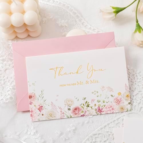 Crisky Pink Floral Wedding Thank You Cards with Envelopes & Stickers From Mr & Mrs, 100 Pack Gold Foil Eucalyptus Leaves Thank You Greeting Note Cards Bulk for Bridal Shower - Image 4