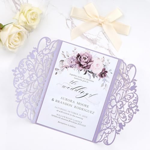 50pcs Laser Cut Wedding Invitations with Envelopes and Rsvp Cards Purple - Image 5