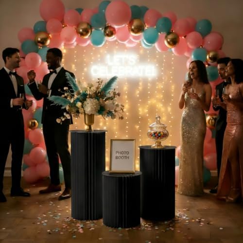 Cylinder Stands for Party, Shape&Use 3PCS Round Black Pedestal Display Stands, Foldable Cardboard Columns for Wedding, Birthday, Anniversary Decor, 11.8in Dia. (23.6/31.5/39.4in H) with Storage Bag by Unknown