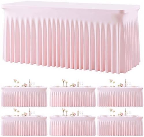 6 Pack Pink Table Cloth for 6 Foot Rectangle Tables Spandex Fitted Tablecloth 6ft Stretch Table Covers Skirt Pink Banquet Tablecloths Wrinkle Free Tablecloth for Party Wedding Birthday Event by Tao-GePartyDecorations
