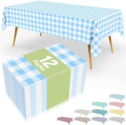 Smiry 12 Packs Gingham Disposable Table Cloth, 54 x 108 Inch Waterproof Plastic Tablecloth, Rectangle Baby Blue and White Checkered Table Covers for Picnic, Birthday, Party by Smiry