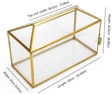 12.6" x 5.9" x 9" Wedding Cards Box with Slot and Lock, Glass Card Holder for Party Reception, Centerpiece, Home Decorative, Gold (Glass Box Only) Slot Length 7.3 Inches - Image 3