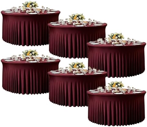 6 Pack Burgundy Round Tablecloth, Fitted Table Cloths for 6 foot Round Tables, 132 Inch Round Red Tablecloth Table Skirt for Wedding Birthday Photo Themed Party Banquet Holidays Red Party Decorations by Creativepartyuniquedecorat