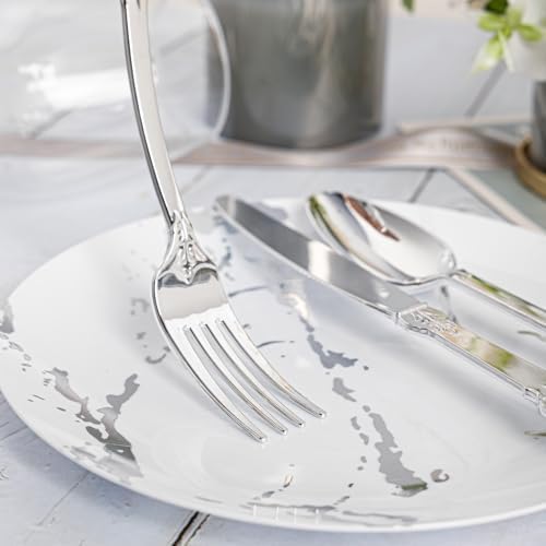 N9R 300PCS Silver Plastic Silverware, Vintage Disposable Utensils & Cutlery - Image 6