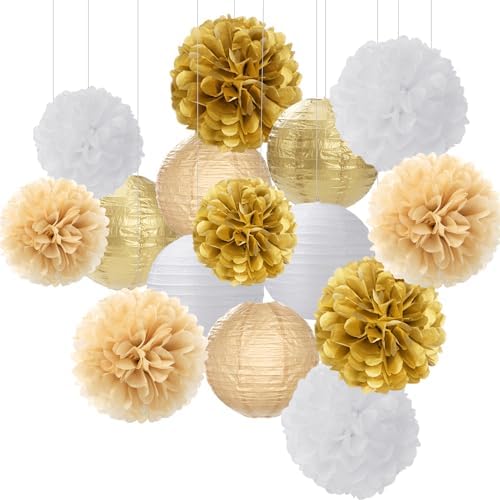 White Gold Party-Decorations Paper Flowers Lanterns - 29PCS Engagement Birthday Graduation Wedding Tissue Pom Poms Streamers,Neutral Bachelorette Baby Bridal Shower Hanging Supplies Decor Hugfond - Image 3