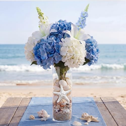 Yinder 6 Set Blue Wedding Flower Table Centerpieces Artificial Hydrangea Flowers Coastal Seashell Starfish Vase Table Decorations Blue White Floral Arrangement for Baby Shower Wedding Party Decor - Image 4