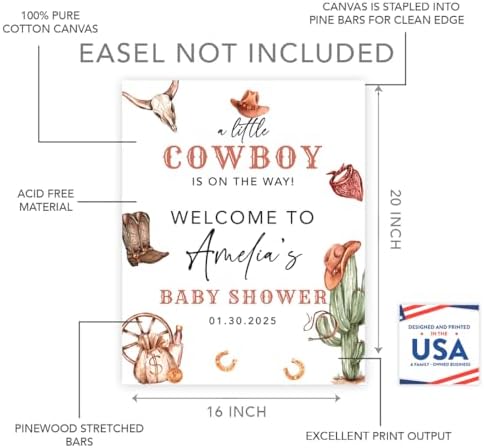 Andaz Press Western Cowboy Baby Shower Decorations, Personalized Little Cowboy Baby Shower Sign, Custom Western Baby Shower Sign In Guest Book Alternative, 16x20-Inch Canvas Welcome Baby Shower Sign - Image 2