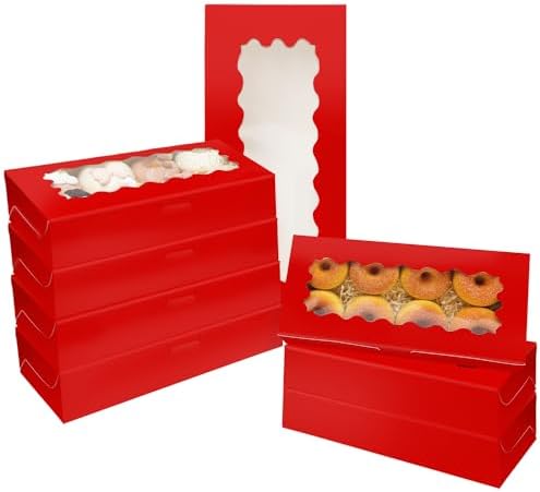 qiqee 50 Packs Red Cookie Box with Window 12x5.5x2.5 Inch Two Uses Pastry Biscuit Bakery Box For Packaging by Qiqee
