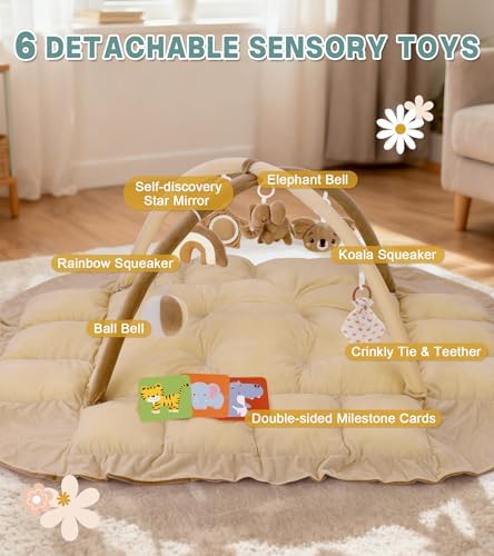 5-in-1 Baby Play Gym and Tummy Time Mat, 12 Learning Cards, Plush Activity Mat with 6 Toys, Baby Gym, Convertible to Ball Pit, Baby Gift, Brown - Image 3