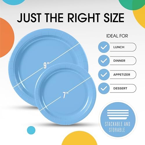 Party Solids Exquisite Light Blue Paper Plates Disposable Heavy Duty 200 Pcs - 100-7 & 100-9 Light Blue Disposable Plates for Party Heavy Duty 350 GSM for Birthday Supplies - Image 3