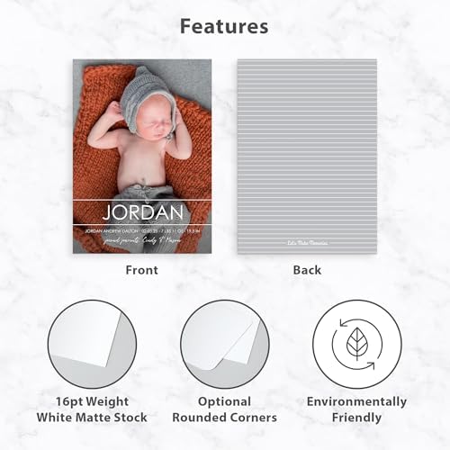 Let's Make Memories Personalized Baby Announcement Cards - Birth, Adoption - Boy, Girl - Premium Quality Custom Photo Cards for Mailing - 5x7 - Includes White Envelopes - Modern Lines - 100 ct - Image 4