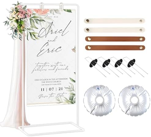 Meiqi Adjustable Wedding Welcome Sign Stand with 4 Leather Hanging Straps, Ground Stakes & Weight Bag - Large Easel for Wedding Signs, Posters, Banners - Perfect for Outdoor Events, Baby Showers (White) by MEIQI
