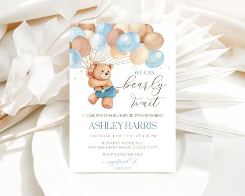 All Ewired Up We Can Bearly Wait Baby Shower Invitation, Blue Teddy Bear Baby Shower Invite, Library, Diaper Raffle, Balloons, Personalized Large 5X7 - Image 2