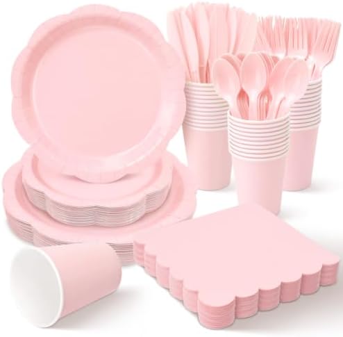 350 Pcs Light Pink Party Plates Cups and Napkins Set, Disposable Paper Dinnerware Set with 9” & 7” Plates, Cups and Napkins for Baby Shower, Bridal Shower, Tea Party, Christmas Party by Unknown