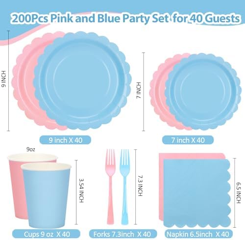 200Pcs Pink and Blue Party Plates and Napkins, 9’’and 7’’ Disposable Scalloped Paper Plates Cups Napkins Forks Set Party Supplies for Birthday, Baby Shower, Gender Reveal Party Decorations, Serves 40 - Image 2