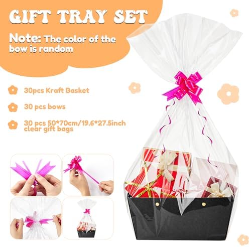 Tuanse 30 Pcs Basket for Gift Empty DIY Bulk Gift Basket Kit with Handle Kraft Cardboard Tray with 30 Bag 30 Bow Market Tray for Wedding Party, Black, 9.8 x 6.5 x 4.3 in - Image 3