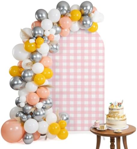 Pink Buffalo Arch Backdrop Cover 7.2 FT, Gingham Striped Pink Plaid Wedding Arch Cover Stretchy Romantic Rustic Backdrop Stands Covers for Birthday Bridal Party Celebration Ceremony Banquet Decor - Image 2