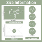 Naozinebi 100 Pack Thank You Cards with Envelopes and Stickers 6x8 Inches Green Sage Thanks Greetings Card Minimalistic Elegant Blank Cards for Wedding Baby Shower Birthday Holiday Supplies - Image 2