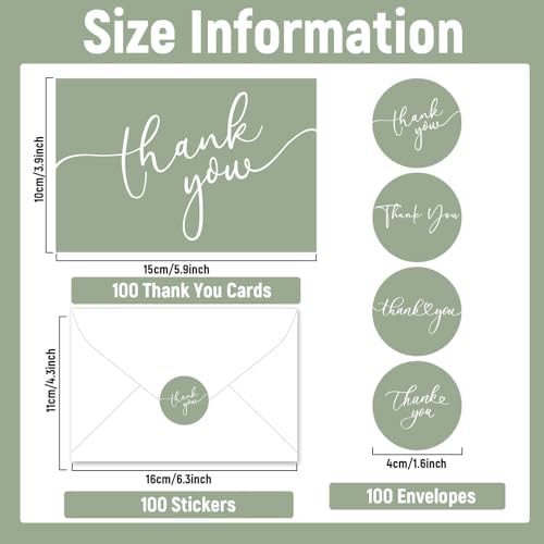 Naozinebi 100 Pack Thank You Cards with Envelopes and Stickers 6x8 Inches Green Sage Thanks Greetings Card Minimalistic Elegant Blank Cards for Wedding Baby Shower Birthday Holiday Supplies - Image 2