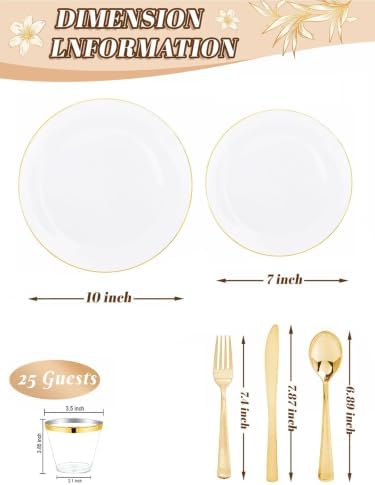 WDF 150Pcs White and Gold Plastic Plates - Gold Plates Disposable-25 Guest Disposable Dinnerware Include 25 Dinner Plate 25 Dessert Plate 25 Cutlery 25 9oz Cups for Wedding/Birthday/Thanksgiving - Image 3