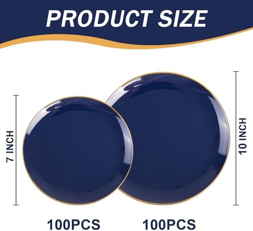 bUCLA 200PCS Blue Plastic Plates - Navy Blue Disposable with Gold Rim Include 100 Each (10 inch Dinner & 7 inch Dessert) Plates, Ideal for Party & Labor Day - Image 2