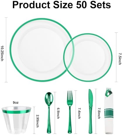 BESTSTAR 350 PCS Clear Green Plastic Dinnerware Set for Party for 50 Guests - Image 3
