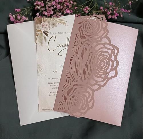 50sets Green Laser Cut Wedding Invitations Card Rose Greeting Cards Envelopes Invitation for Wedding Birthday Baby Graduation Party Supplies (Only invitation cards, Pink) - Image 4