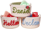 Personalized Cute Small Woven Basket with Handles, Custom Cotton Rope Room Shelf Storage Basket, Empty Decorative Gift Basket, Decorative Round Bin for Nursery Bedroom Bathroom (Style F) by Handmade