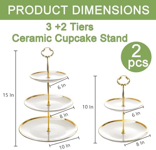 Frcctre Set of 2 Ceramic Cupcake Stand, 3+2 Tier Porcelain Dessert Display Tower Pastry Serving Tray, Tiered Dessert Cupcake Serving Platter for Tea Party, Wedding, Birthday - Image 2