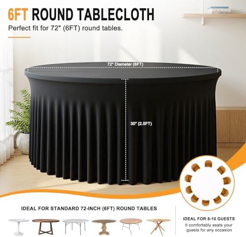 2 Pack 132inch Black Round Tablecloth, Circle Stretch Table Cloths for 6 FT Tables, Wrinkle Free Round Table Skirt for Wedding Birthday Photography Graduation Ceremonies Retirement Party Decorations - Image 2