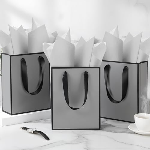 Yeaqee 50 Pcs Metallic Paepr Gift Bags Bulk with Handles,Grey Black - Image 5
