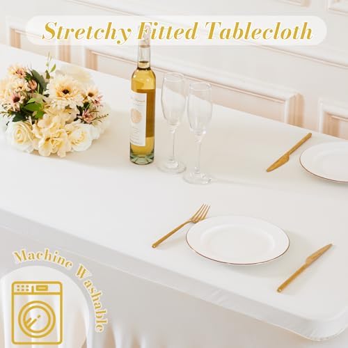 gogoparti 2 Pack Spandex Ivory Fitted Table Cloth for 6ft Rectangle Tables Ivory Stretch Tablecloth Banquet Table Covers Skirt Wrinkle Free Tablecloths for Parties Wedding - Image 6
