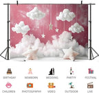 10x6.5ft Cloud Backdrop Sky Starry Star White Pink Photography Background Baby Shower Banner for Girl Baby Birthday Party Decoration Newborn Photoshoot Prop Cake Smash Photo Booth Prop - Image 3