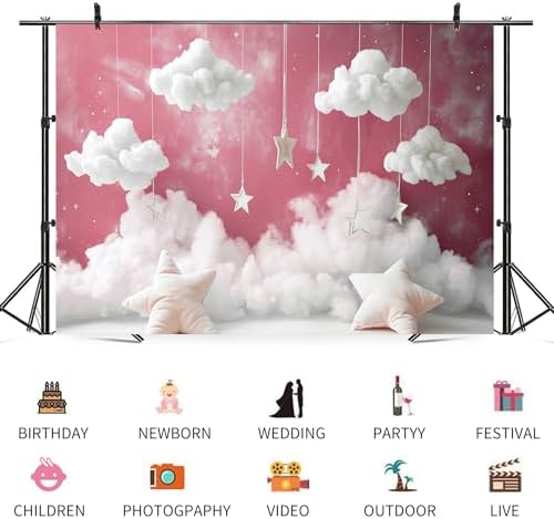 12x6ft Cloud Backdrop Sky Starry Star White Pink Photography Background Baby Shower Banner for Girl Baby Birthday Party Decoration Newborn Photoshoot Prop Cake Smash Photo Booth Prop - Image 3