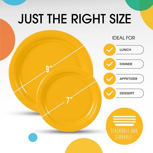 Party Solids Exquisite Yellow Paper Plates Disposable Heavy Duty 200 Pcs - 100-7 & 100-9 Yellow Disposable Plates for Party Heavy Duty 350 GSM for Birthday Supplies - Image 3