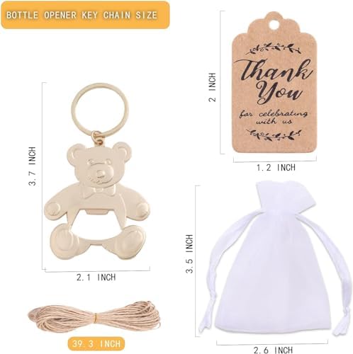 24 pcs Bear Bottle Openers Baby Shower Favors for Guests Bottle Opener Baby Shower Souvenirs Gift Decorations with Organza Bags Thank You Tags for Theme Party Favors (Gold Bear Keychain) - Image 3