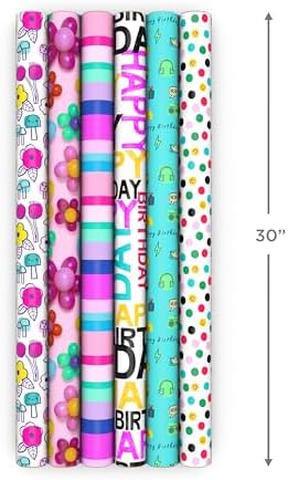 Hallmark Birthday Wrapping Paper Rolls, 6 Rolls (Flowers, Stripes, Dots) - Image 3